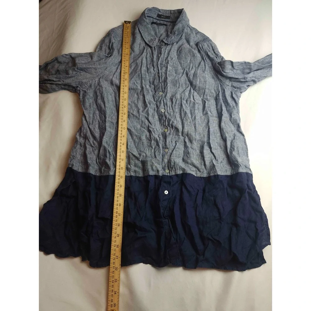 Tahari Tunic Shirt Womens Large Blue Colorblock Linen Button Up Long Sleeve Top